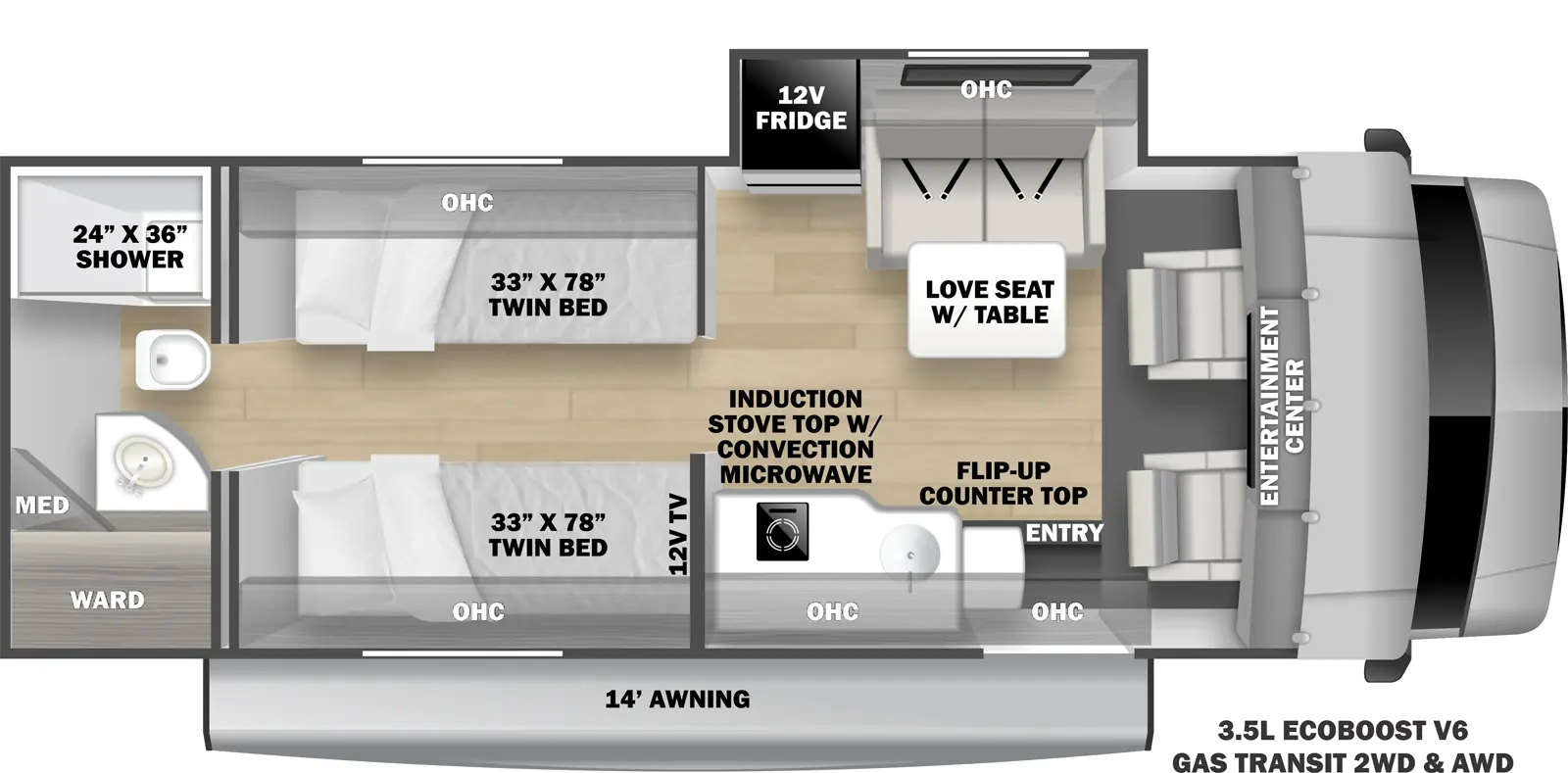 The TS2371 has 1 slide out on the off-door side. Exterior features include a 14' awning and it is built on the 3.5L Eco-Boost V6 Gas Transit chassis (2WD & AWD available). Interior layout from front to back includes a cab over entertainment center, off-door side slide out holding a 12V refrigerator, overhead cabinet and love seat with table; door side kitchen with induction stovetop with convection microwave, overhead cabinet, sink and flip-up countertop extension; bedroom with opposing side 33 x 78 twin beds with overhead cabinets and a 12V TV; rear bathroom with wardrobe, medicine cabinet, sink, toilet and 24 x 36 shower.